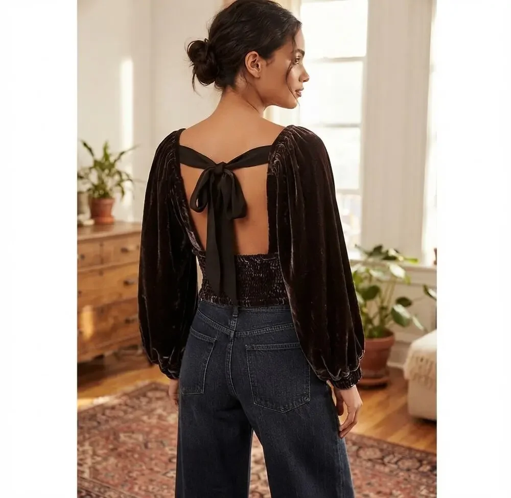 Free People Crushed Velvet Square Neck Bishop Sleeve Tie Back Crop Top Brn L